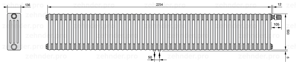 Схема (чертеж) Радиатор Zehnder Charleston 4050/49 №V008 Белый глянцевый RAL 9016